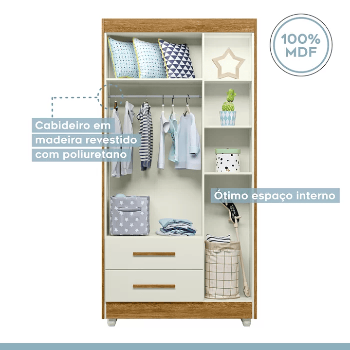 Guarda Roupa Infantil 100% MDF Flocos 3 Portas 2 Gavetas Branco/Ypê 6
