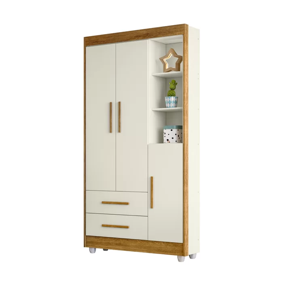 Guarda Roupa Infantil 100% MDF Flocos 3 Portas 2 Gavetas Branco/Ypê 9