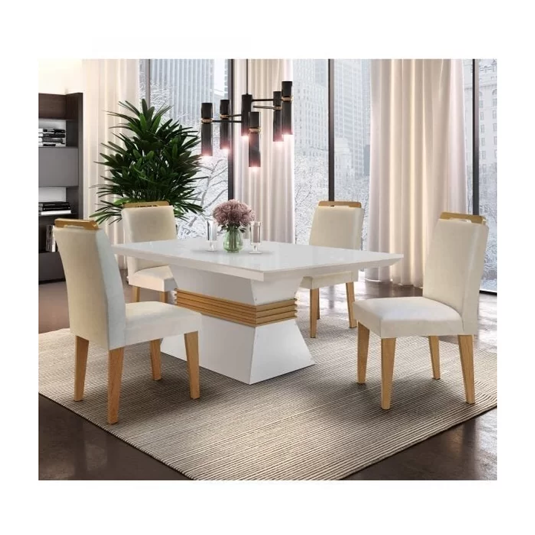 Conjunto Sala de Jantar Mesa e 4 Cadeiras Santorini Veludo Creme/Off White/Imbuia 1