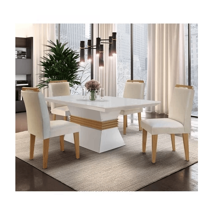 Conjunto Sala de Jantar Mesa e 4 Cadeiras Santorini Veludo Creme/Off White/Imbuia 1