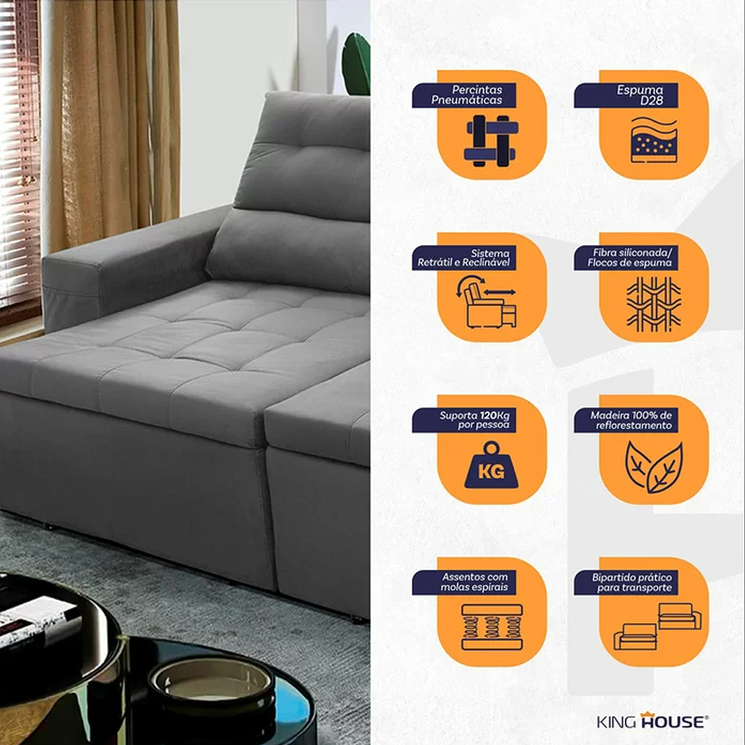 Sofá Retrátil/Reclinável Arizona 2,30m Suede Velut  5