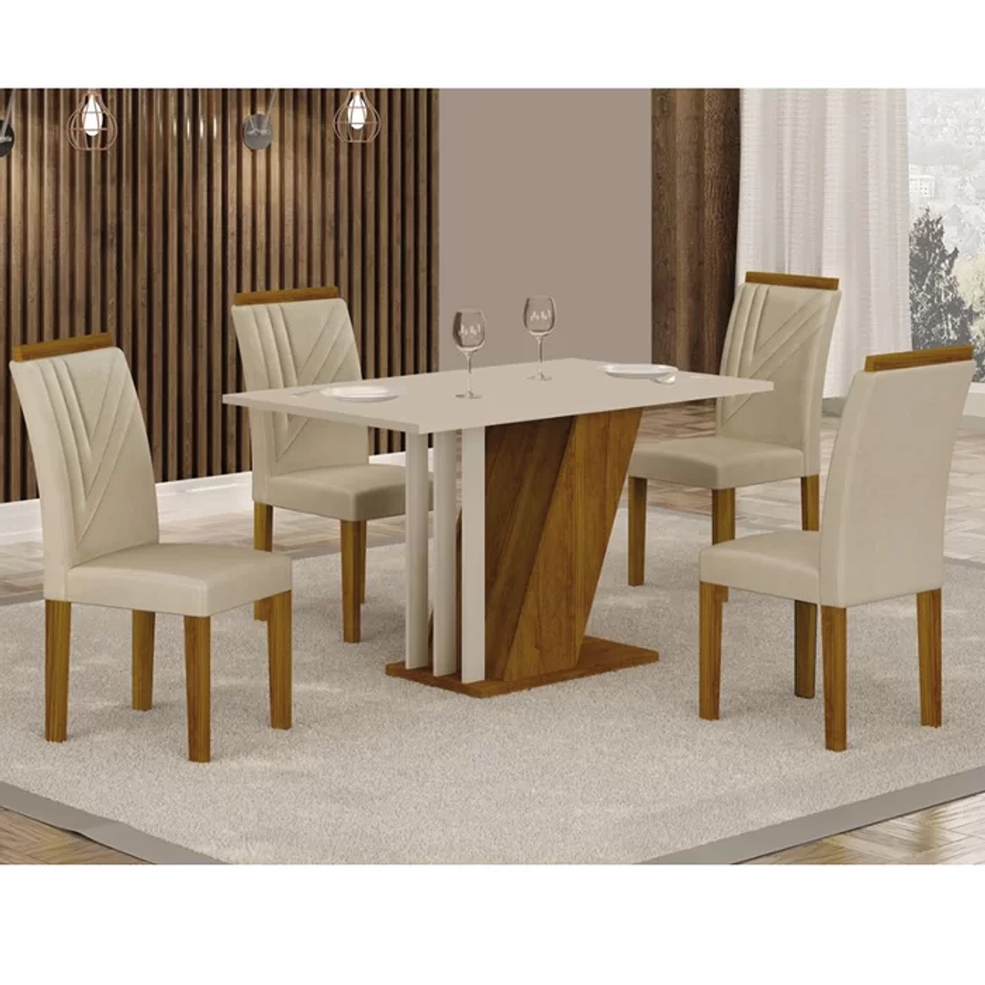 Conjunto Sala de Jantar com 4 Cadeiras Miami Freijo/OffWhite/Palha 1