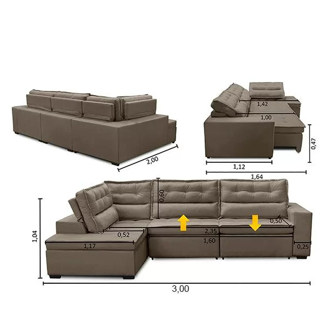 Sofá de Canto Retrátil e Reclinável com Molas LE 3,00x2,00m Viviane Suede  3