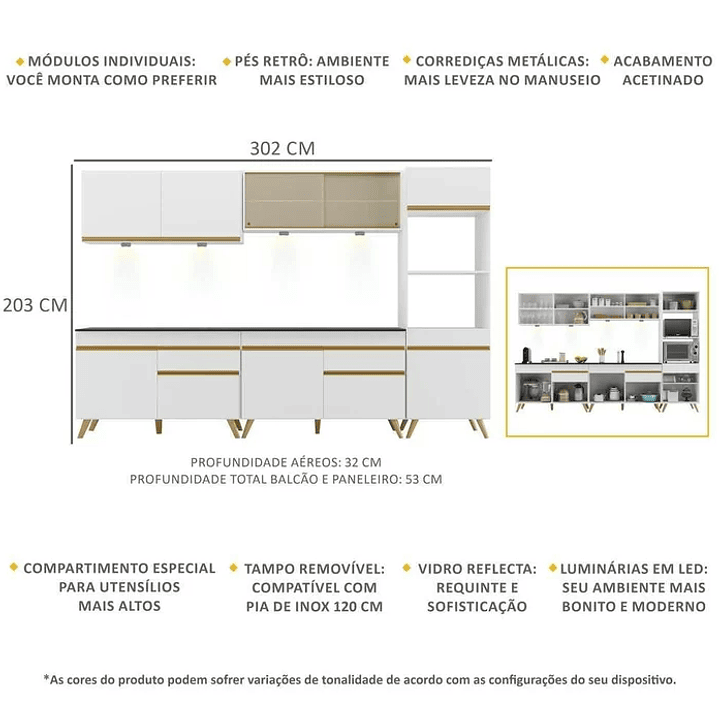Cozinha Completa 5 peças com Leds MP2014 Veneza Up Branca Branca 3