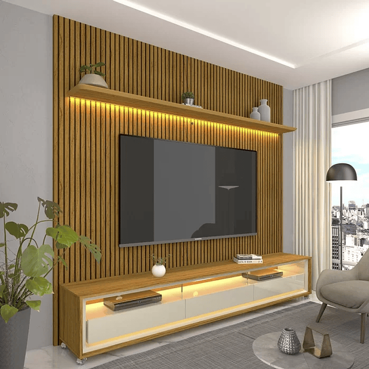 Rack com Painel Impressão Ripada para TV até 75 Polegadas com LED com Rodízios Requinte 220cm Cinza/Off White 2