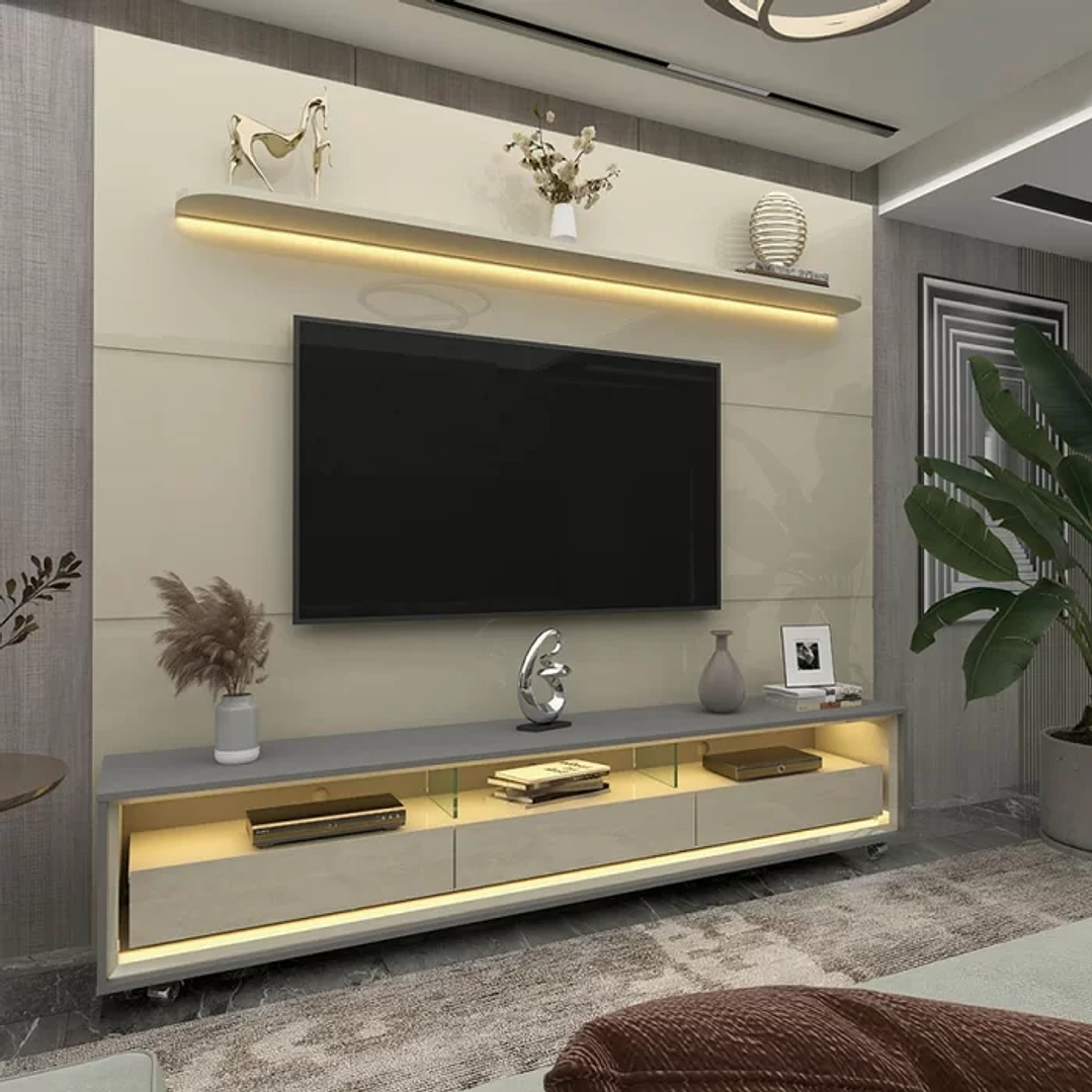 Rack com Painel para Tv até 85 Polegadas Led 3 Gavetas com Rodízios 220cm Royal/requinte Off White/Naturale-Off White 1