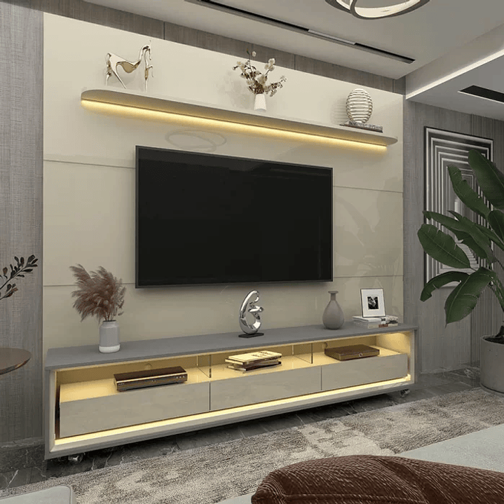 Rack com Painel para Tv até 85 Polegadas Led 3 Gavetas com Rodízios 220cm Royal/requinte Off White/Naturale-Off White 1