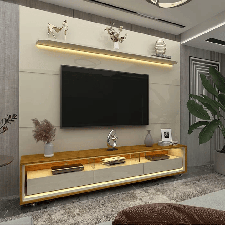 Rack com Painel para Tv até 85 Polegadas Led 3 Gavetas com Rodízios 220cm Royal/requinte Off White/Naturale-Off White 2