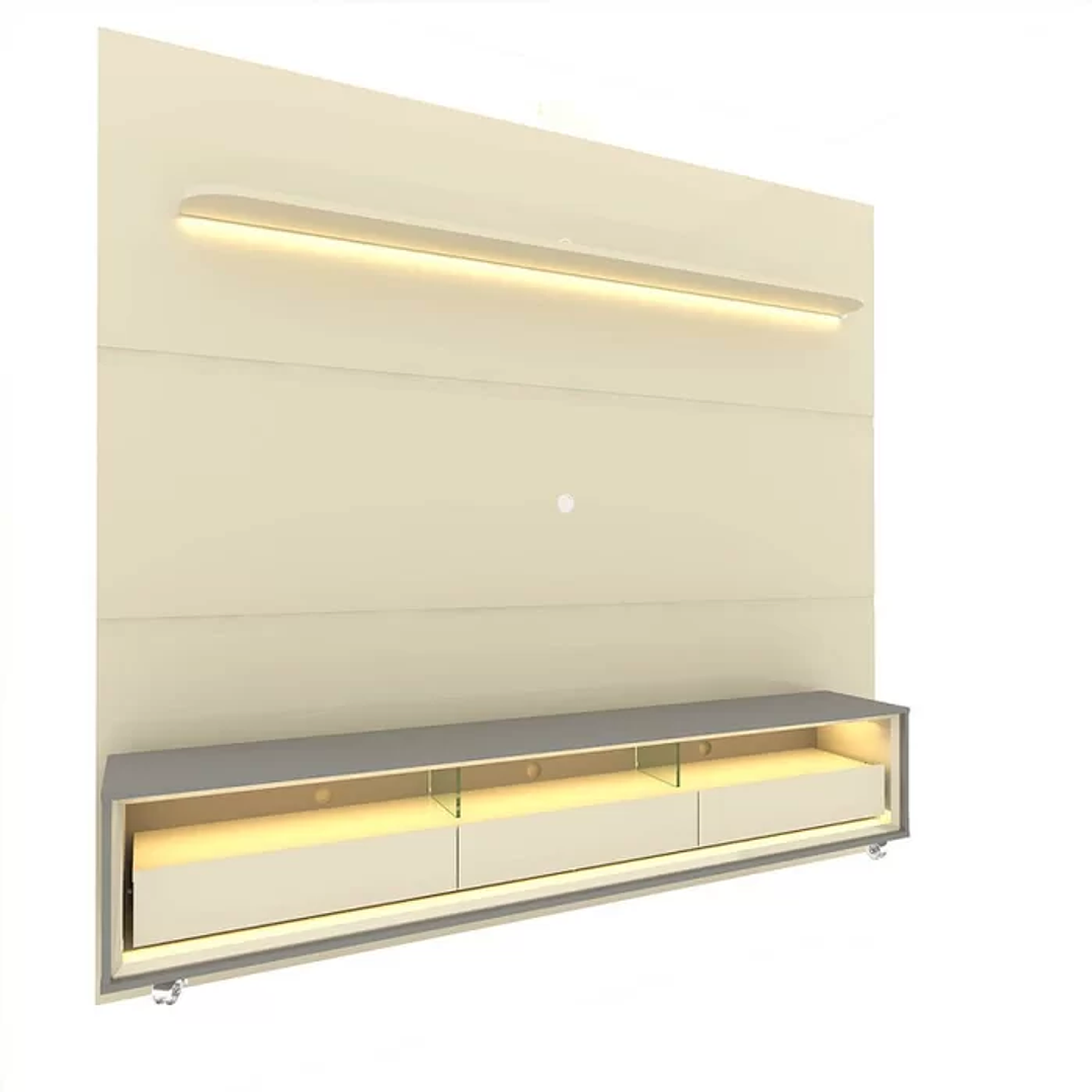 Rack com Painel para Tv até 85 Polegadas Led 3 Gavetas com Rodízios 220cm Royal/requinte Off White/Naturale-Off White 3