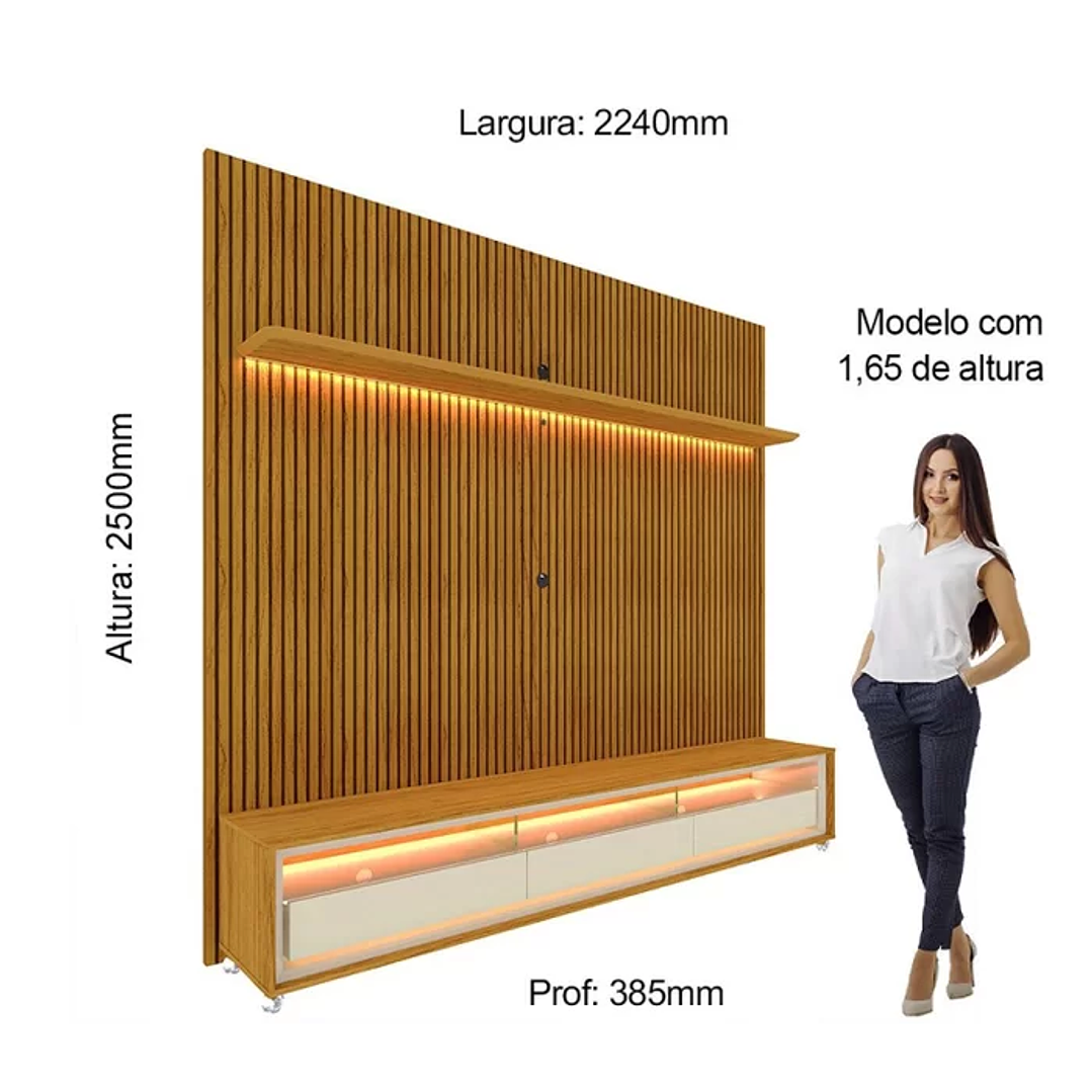 Rack com Painel Impressão Ripada para TV até 75 Polegadas com LED com Rodízios Requinte 220cm Cinza/Off White 5