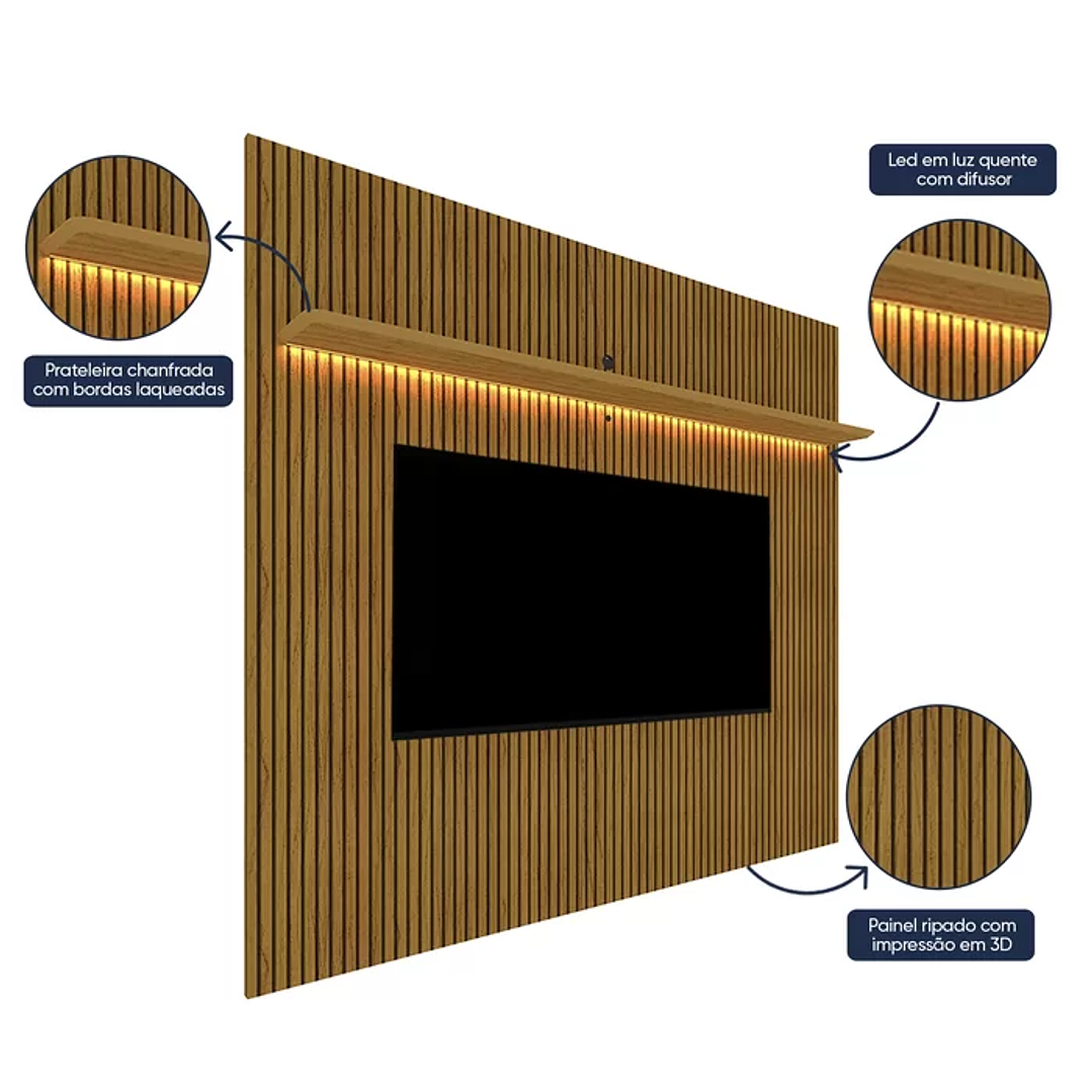 Rack com Painel Impressão Ripada para TV até 75 Polegadas com LED com Rodízios Requinte 220cm Cinza/Off White 6