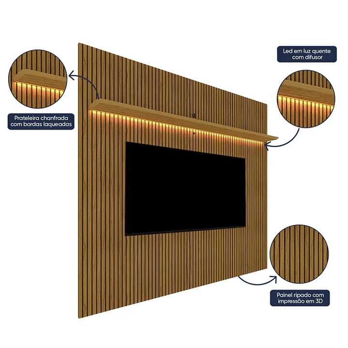 Rack com Painel Impressão Ripada para TV até 75 Polegadas com LED com Rodízios Requinte 220cm Cinza/Off White 6