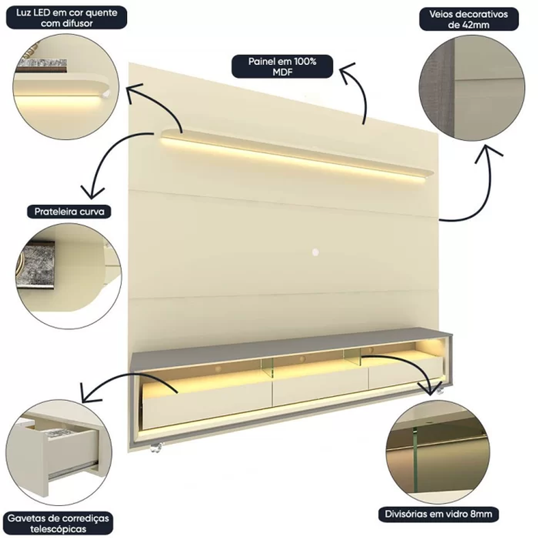Rack com Painel para Tv até 85 Polegadas Led 3 Gavetas com Rodízios 220cm Royal/requinte Off White/Naturale-Off White 6