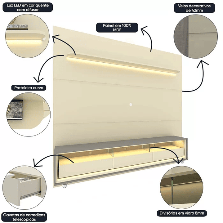 Rack com Painel para Tv até 85 Polegadas Led 3 Gavetas com Rodízios 220cm Royal/requinte Off White/Naturale-Off White 6