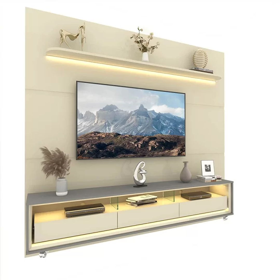 Rack com Painel para Tv até 85 Polegadas Led 3 Gavetas com Rodízios 220cm Royal/requinte Off White/Naturale-Off White 8