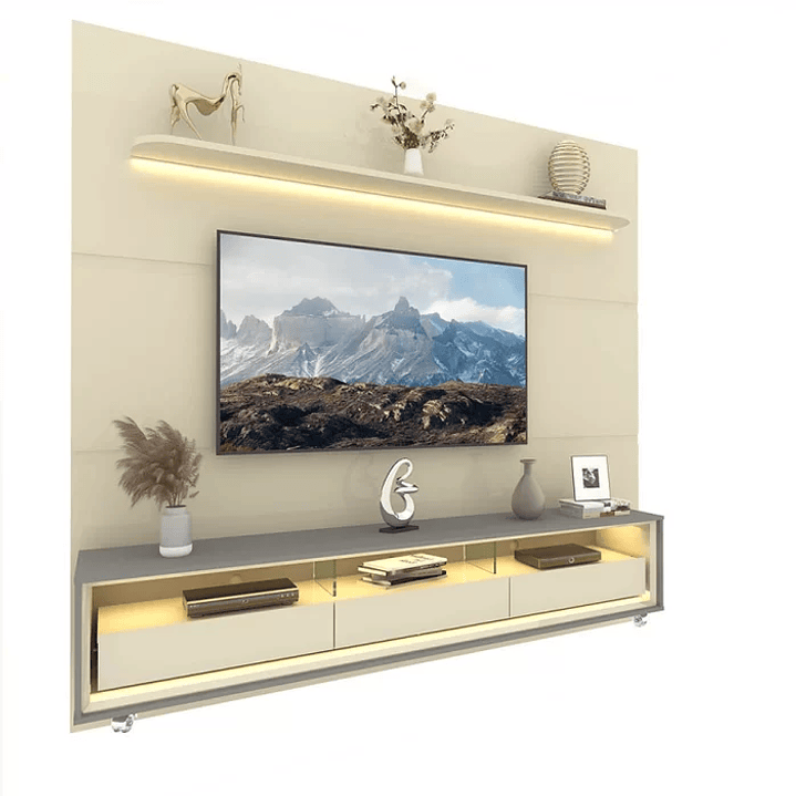 Rack com Painel para Tv até 85 Polegadas Led 3 Gavetas com Rodízios 220cm Royal/requinte Off White/Naturale-Off White 8