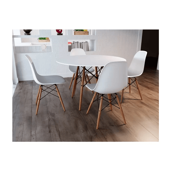 Conjunto de Mesa de Jantar Eames Eiffel Redonda 90cm Tampo de Madeira Branco com 4 Cadeiras Brancas 1