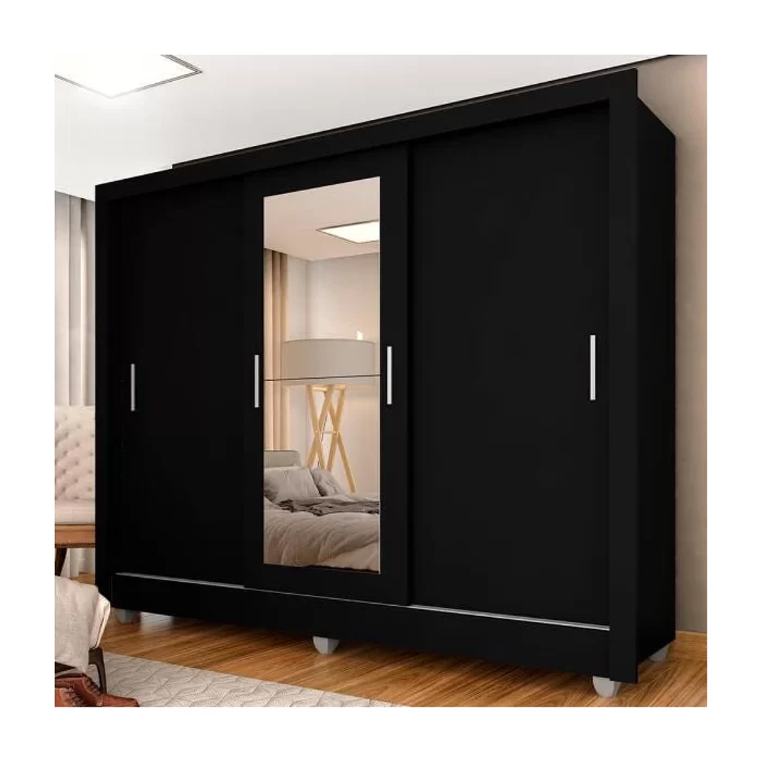 Guarda-roupa Casal Vivian 3 Portas Espelho Menor Preto Fosco - M.a Preto Fosco 1