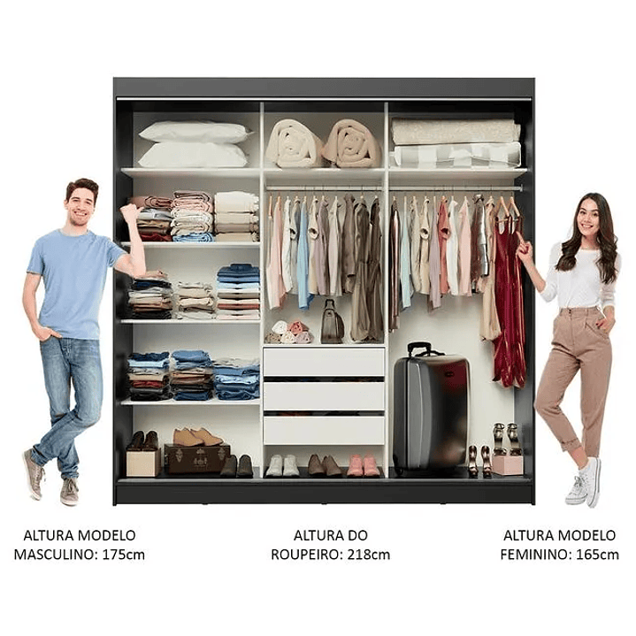 Guarda-roupa Casal Vivian 3 Portas Espelho Menor Preto Fosco - M.a Preto Fosco 5