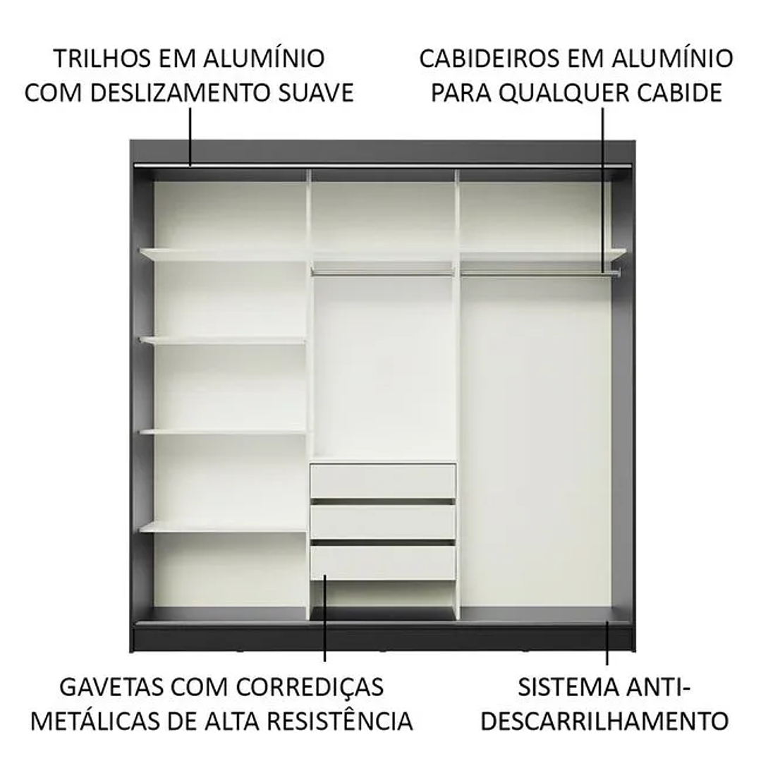 Guarda-roupa Casal Vivian 3 Portas Espelho Menor Preto Fosco - M.a Preto Fosco 8