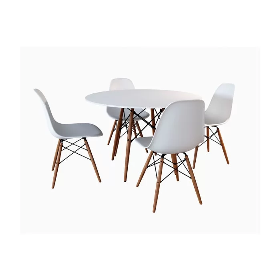 Conjunto de Mesa de Jantar Eames Eiffel Redonda 90cm Tampo de Madeira Branco com 4 Cadeiras Brancas 2