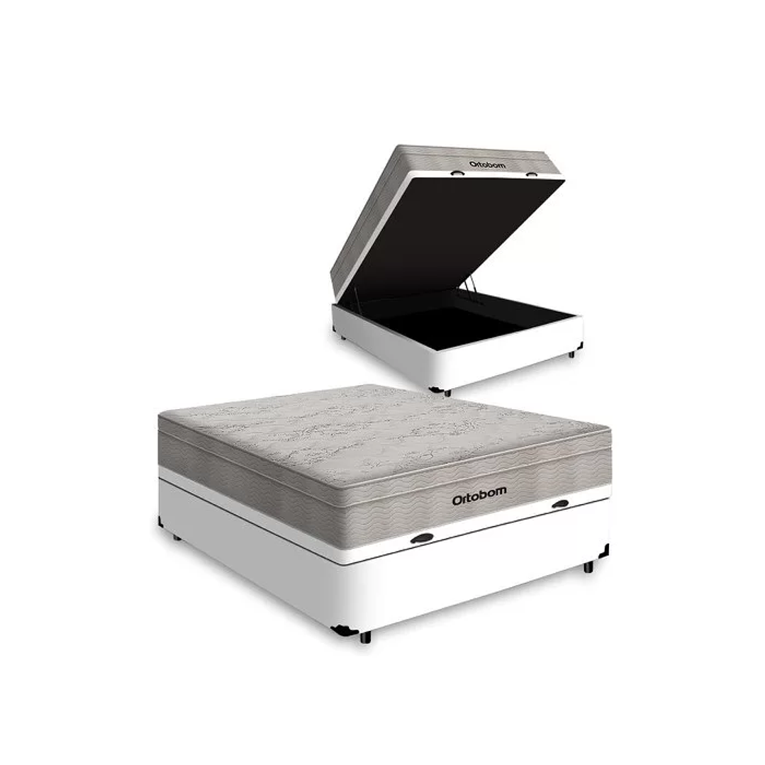 Cama Box com Baú Casal Branca + Colchão de Molas Ensacadas - Ortobom - Airtech Springpocket 138x188x Branco Liso 1