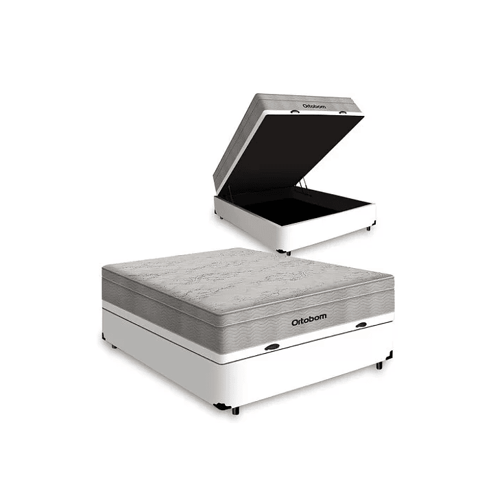 Cama Box com Baú Casal Branca + Colchão de Molas Ensacadas - Ortobom - Airtech Springpocket 138x188x Branco Liso 1