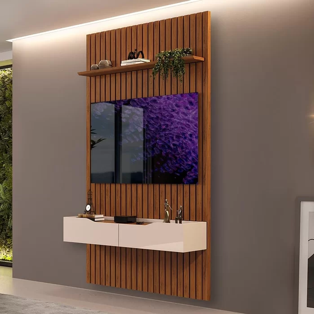 Rack Com Painel Ripado Para TV Até 60 Polegadas Freijó Off White. 1