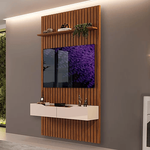 Rack Com Painel Ripado Para TV Até 60 Polegadas Freijó Off White.