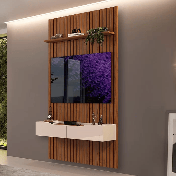 Rack Com Painel Ripado Para TV Até 60 Polegadas Freijó Off White. 1