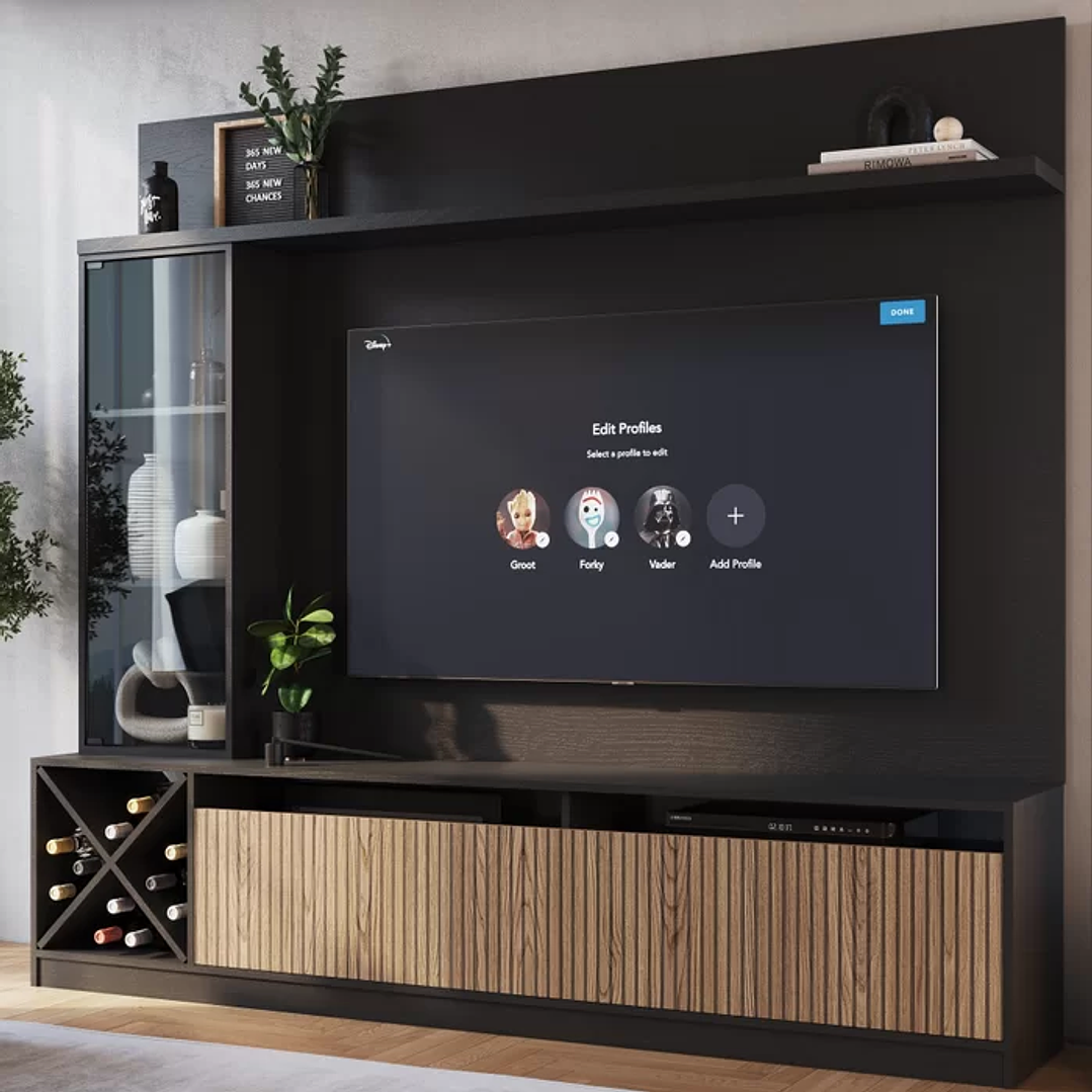 Rack Impressão Ripado com Painel para TV até 60 Polegadas Adega e Cristaleira Capri Quiditá Preto/Brise 1