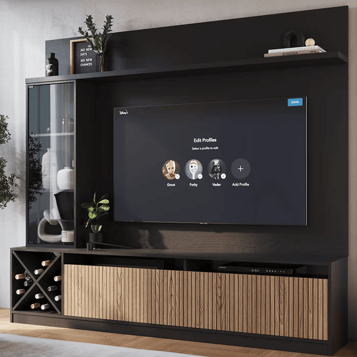 Rack Impressão Ripado com Painel para TV até 60 Polegadas Adega e Cristaleira Capri Quiditá Preto/Brise 1