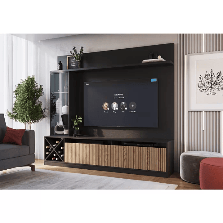 Rack Impressão Ripado com Painel para TV até 60 Polegadas Adega e Cristaleira Capri Quiditá Preto/Brise 5