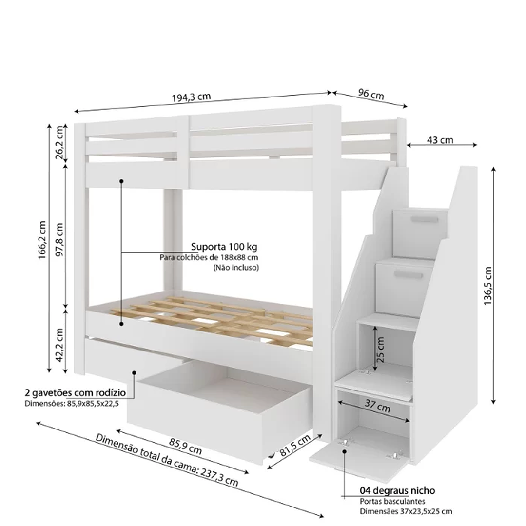 Beliche Solteiro Adulto com 2 Gavetões e 4 Nichos Star Plus Casatema Branco Perfect Wood 3