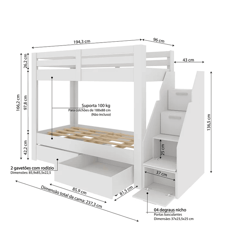 Beliche Solteiro Adulto com 2 Gavetões e 4 Nichos Star Plus Casatema Branco Perfect Wood 3