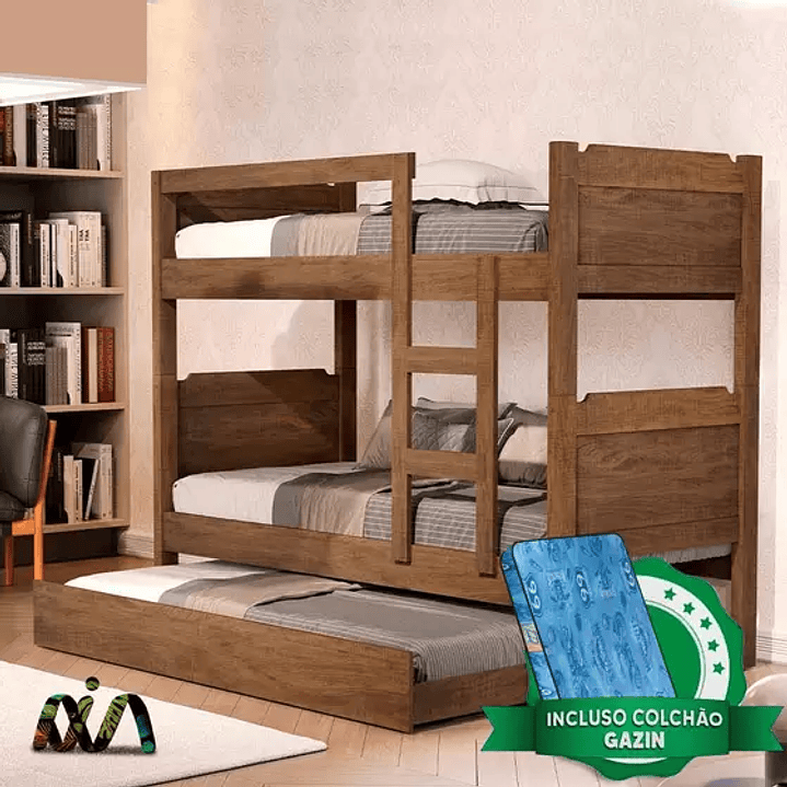 Beliche Solteiro Com Cama Auxiliar Castanho Star Basoto Com Colchão Gazin. 1