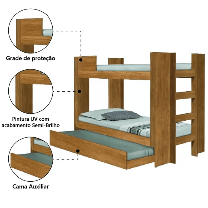 Beliche Solteiro com Cama Auxiliar Dublin Para Colchão de 0,88m Nature Tebarrot - TEBARROT DO BRASIL 4
