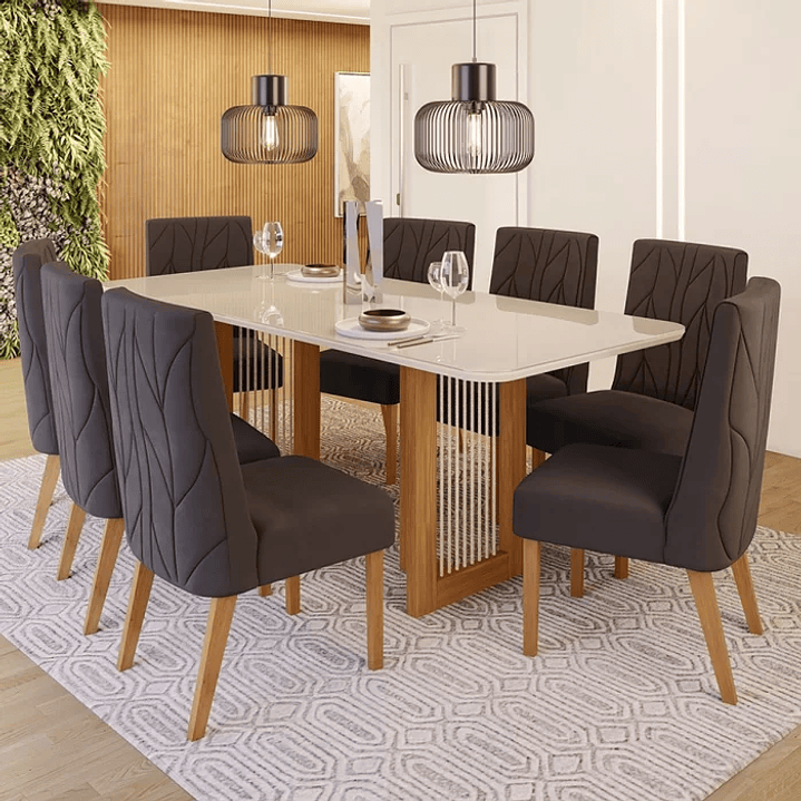 Conjunto Sala de Jantar Tampo Mdf/Vidro 8 Cadeiras Michelle Nature/Off White/Linho 1