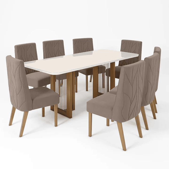 Conjunto Sala de Jantar Tampo Mdf/Vidro 8 Cadeiras Michelle Nature/Off White/Linho 4