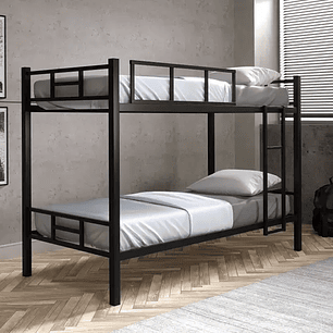 Cama beliche solteiro 100 % aço / ferro com escada e grade de proteção reforçada - preto - Marroart
