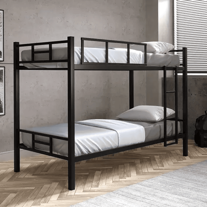 Cama beliche solteiro 100 % aço / ferro com escada e grade de proteção reforçada - preto - Marroart 1