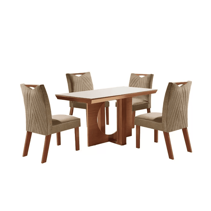 Conjunto Sala de Jantar Mesa Frisa e 4 Cadeiras Esparta Castanho /Pena Caramelo/Off White 2