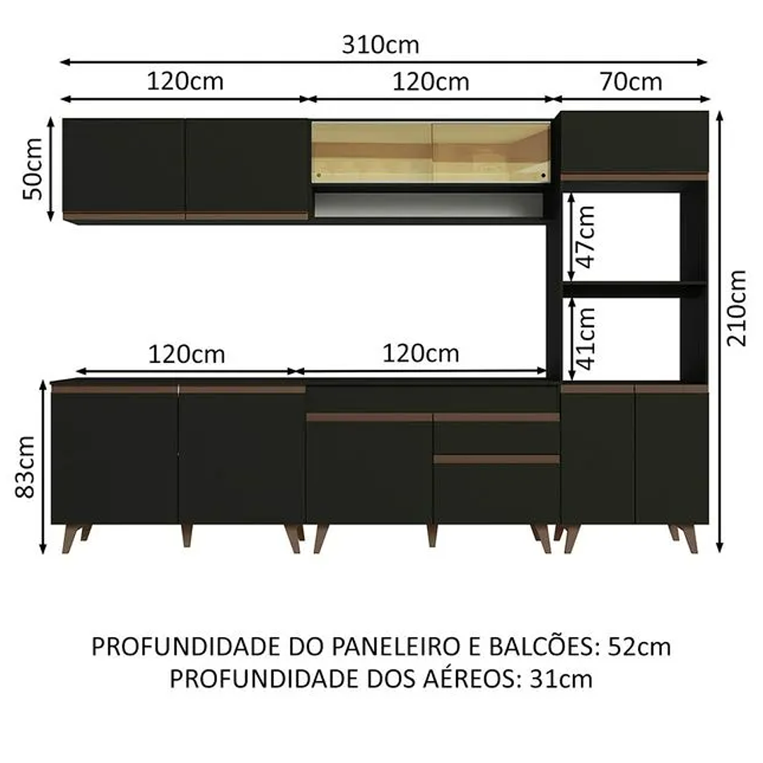 Armário de Cozinha Completa 310cm Branco/Preto 3