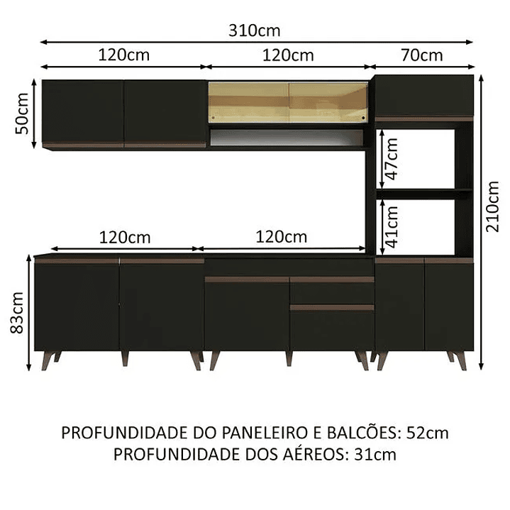 Armário de Cozinha Completa 310cm Branco/Preto 3