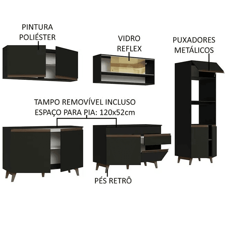 Armário de Cozinha Completa 310cm Branco/Preto 4