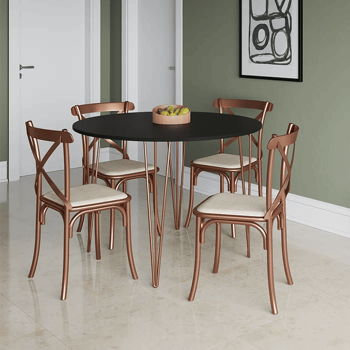 Mesa Jantar Redonda Branca Elen 110cm Hairpin com 4 Cadeiras Katrina Cobre Branco/Cobre 2