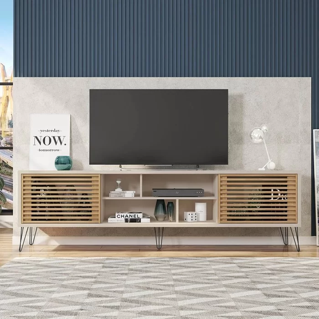 Rack com Painel para TV até 82 Polegadas 2 Portas 4 Nichos Multiverso Off White/Buriti 9