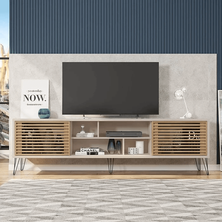 Rack com Painel para TV até 82 Polegadas 2 Portas 4 Nichos Multiverso Off White/Buriti 9