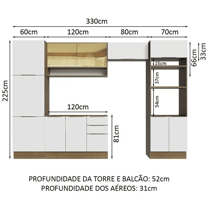 Armário de Cozinha Completa 330cm Rustic/Branco  2