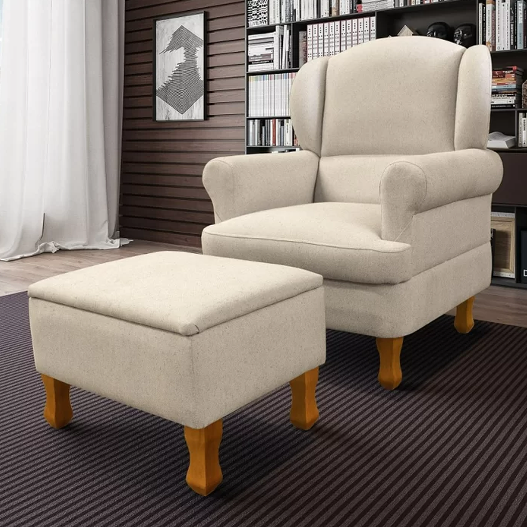 Poltrona para Amamentação em Linho com Pés em Madeira e Puff Baú Bege 1